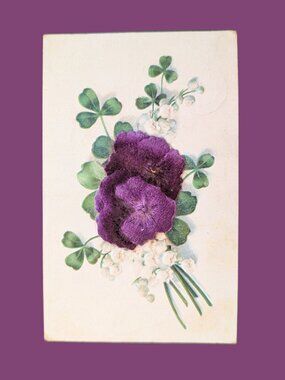 10/$25 Antique 1900's Postmarked Golden Age Flocked Violets and Clovers Postcard